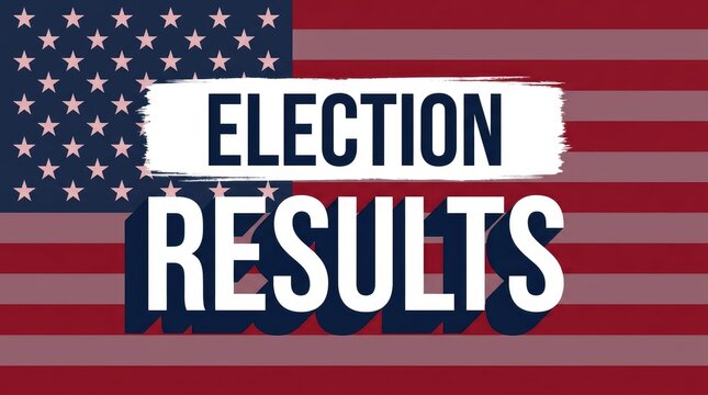 Bold election results text displayed over a patriotic american flag background for news media coverage