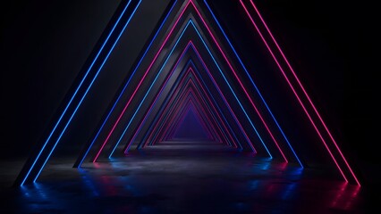 Obraz premium Abstract neon triangular tunnel with blue and pink glowing light lines, futuristic scifi corridor, digital 3d render background
