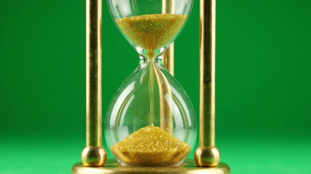 Elegant glass hourglass with flowing golden sand particles against a bright green screen background for chroma key compositing