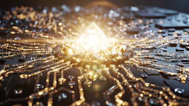 Elegant digital circuit board animation with golden light pulses flowing through crystalline paths representing secure financial innovation