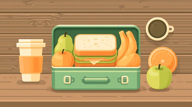 A vintage green lunch box packed with a sandwich and fresh fruit on a wooden table. Healthy work lunch concept for.