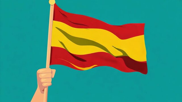 Hand raising Spain flag on teal background, Spanish patriotism flat illustration