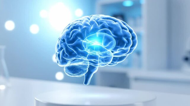 AI recruitment brain concept, floating blue neural brain in clinical room and laboratory podium with soft light for analysis and SEO content