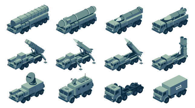 Collection of military missile launchers and transport vehicles.