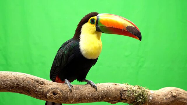 Exotic keel-billed toucan perching on a wooden branch against a professional chroma key green screen background while looking around