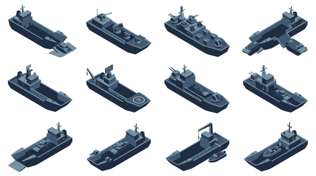Collection of navy warships and cargo ships in isometric view.