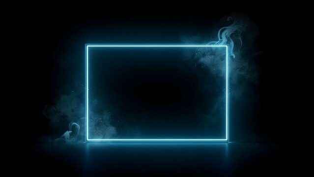 Glowing neon blue rectangular frame with smoke and particles on a dark background, abstract light effect for product display or text placement