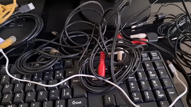Tangled computer cables and keyboard on a dark surface