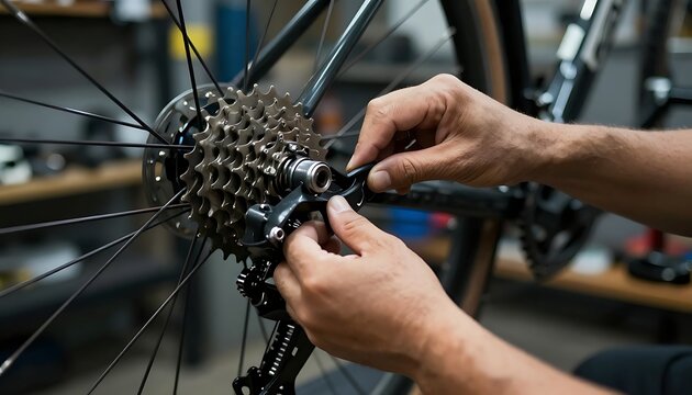 Mechanic hands adjusting bicycle rear derailleur mechanism inside professional workshop maintenance studio environment close with depicts close view