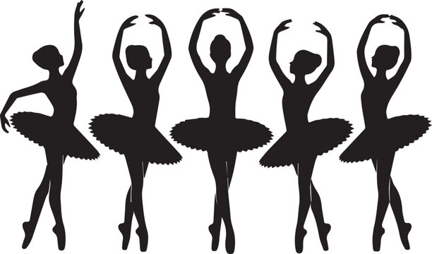 Five ballet dancers in tutus posing on stage Vector