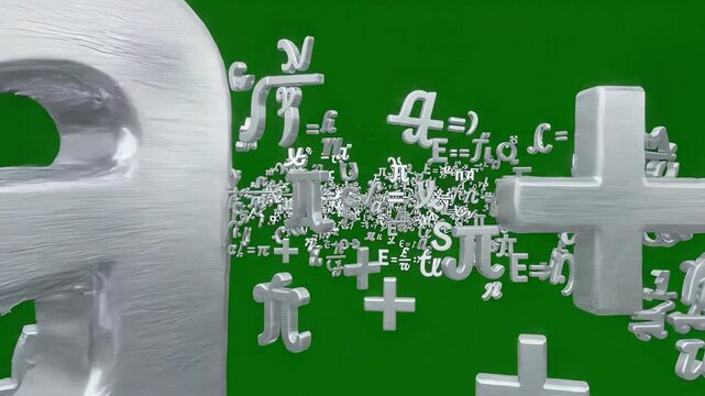 Floating 3D mathematical symbols and equations rotating and moving through space on a bright green screen background for chroma key compositing
