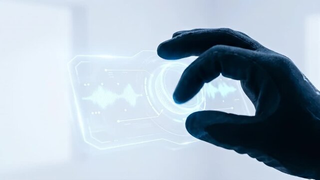 AI recruitment hand gesture in futuristic digital interface, gloved hand touching secure control panel with blue light and soft background
