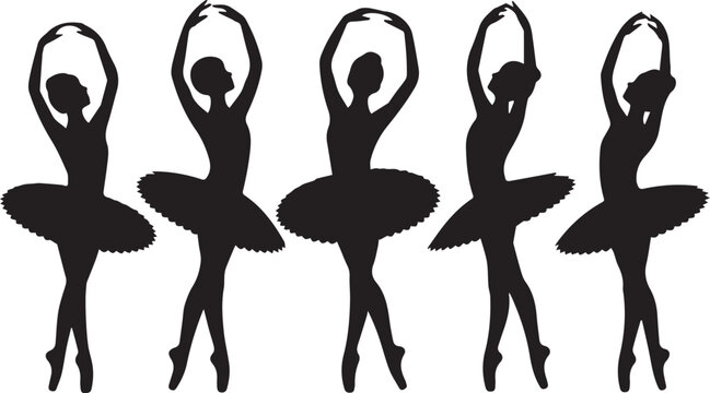 Five ballet dancers in black tutus posing on stage Vector