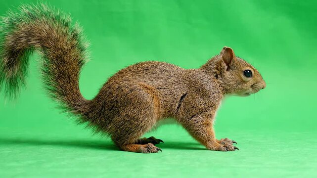 Fluffy brown squirrel walking across a solid green background chroma key studio setup with natural fur details and fluid motion