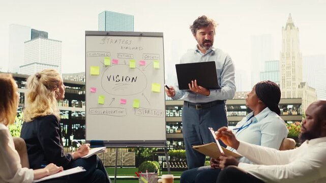 Diverse business team discussing vision board during outdoor workshop, building strategy and sharing ideas on whiteboard presentation, informal action plan with coworkers, for business planning.