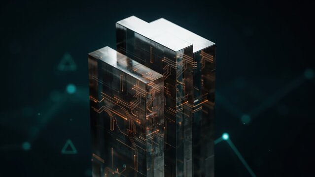 Abstract digital server tower with glowing orange circuit board lines and dark theme