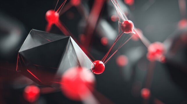 Abstract molecular structure features glowing red spheres connected by fine lines alongside dark geometric forms