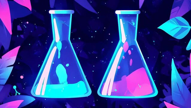 Laboratory flasks with neon blue and pink chemical reactions. Experimental liquid bubbles and science discovery concept. Abstract glowing animation for research.
