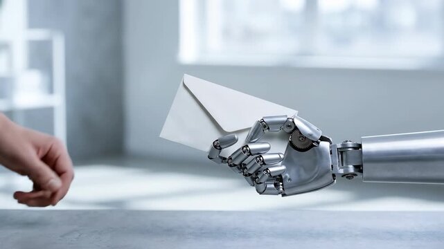 AI recruitment handover between human hand and robot hand with envelope in office, trust technology automation future mail delivery assistant