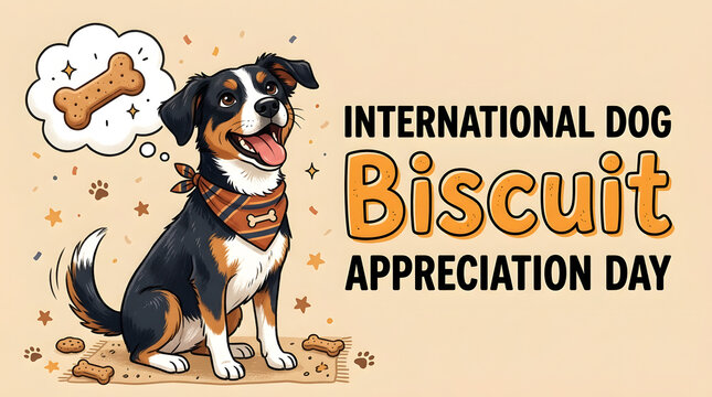 Cheerful cartoon dog thinking about bone treats for holiday celebration with happy tricolor puppy sitting bone thought bubble illustration imagination