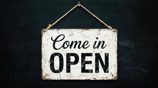 Rectangular vintage metal open sign hanging on a dark textured black wall with rustic rope