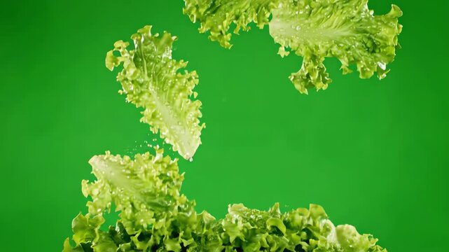 Fresh green lettuce leaves falling slowly against a bright chroma key background for food production and cooking transitions
