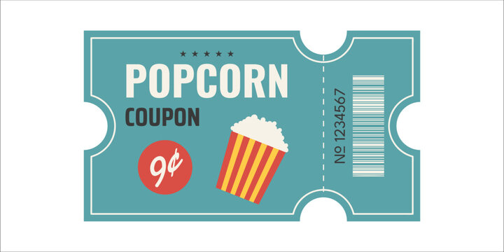 Retro popcorn coupon ticket with snack illustration, discount badge and vintage cinema concession design. 1950s Americana style template. Vector illustration