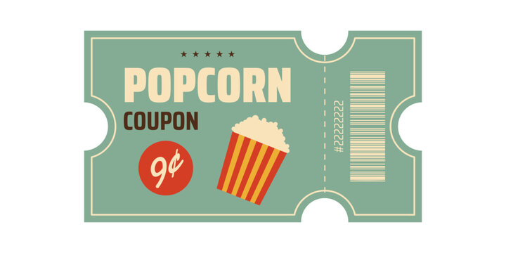 Retro popcorn coupon ticket with popcorn box illustration in vintage amusement park style. Mid century Americana vector illustration