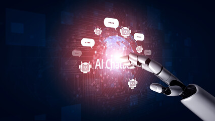 Fototapeta premium AI Virtual Assistant Artificial Intelligence Chatbot Controlled by Prompt Engineering for Explainable Generative AI information and LLM Deep Learning Technology for Smart Business Work Support. Vouch