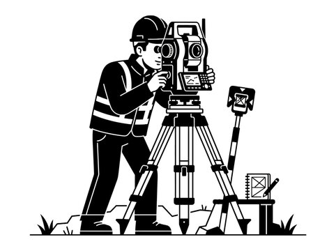 Land surveyor vector operating a total station on a tripod