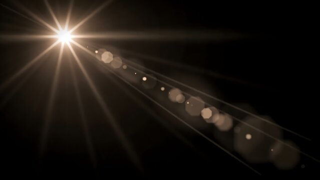 Abstract lens flare with light rays and bokeh circles on a black background, digital effect for overlay or compositing
