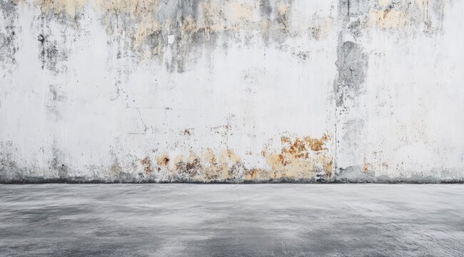 A weathered, whitewashed wall with patches of discoloration and peeling paint stands above a smooth, gray concrete floor, creating a stark, industrial-like scene