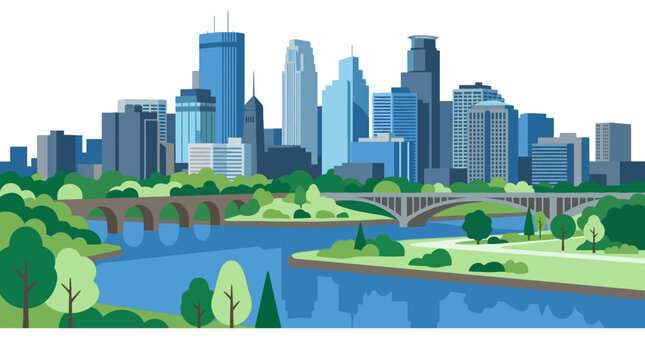 Minneapolis skyline vector over blue river and green park landscape
