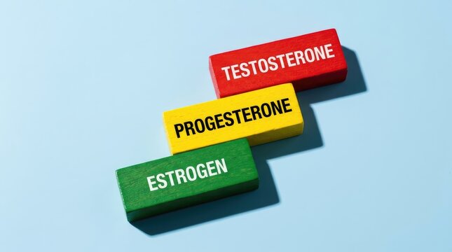 Colorful wooden blocks display text labels for testosterone progesterone and estrogen on a light blue background