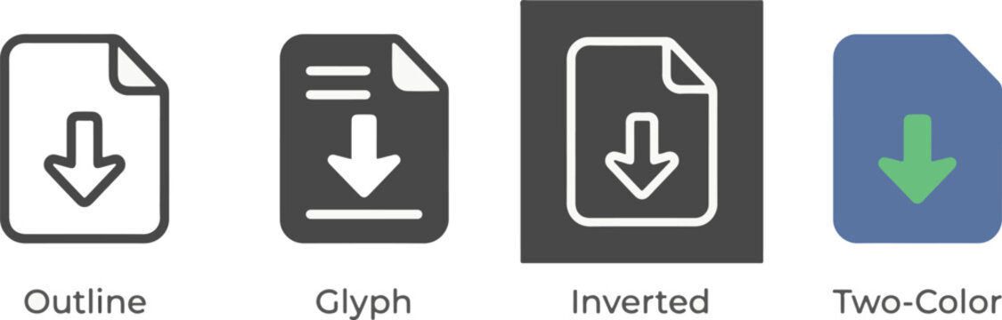 Minimal Download Document File Icon Set Collection Outline Filled Glyph Flat Color Digital File Management Editable Vector Isolated on White Background