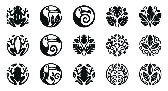 Collection of black and white circular logos featuring frogs, toucans, and botanical elements.