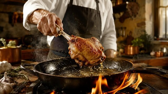 Chef Lifting Golden Duck Confit Leg Dripping Oil From Frying Pan Over Open Flame