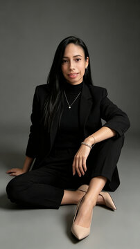 Elegant businesswoman in black suit sitting in studio portrait 
