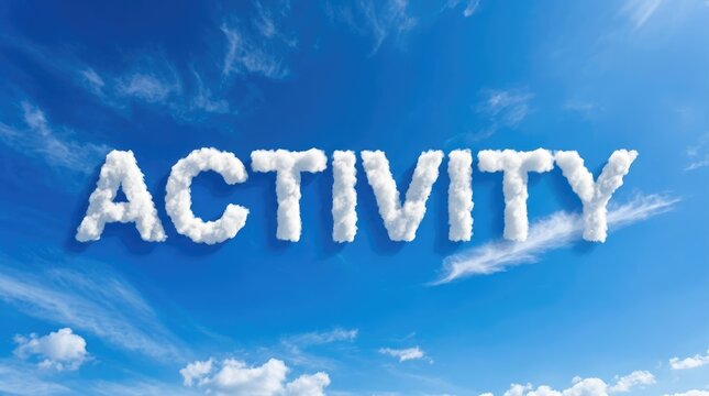White fluffy clouds forming the word activity against a bright blue sky on a sunny day