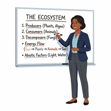 A female teacher standing next to a whiteboard explaining the concept of an ecosystem. The whiteboard lists key components like producers, consumers, decomposers, energy flow, and abiotic factors
