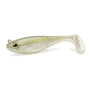 A realistic artificial fish lure designed for fishing. The lure is translucent with subtle markings and a curved tail, mimicking a small baitfish