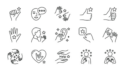 Fototapeta premium Set of communication and feedback icons: sign language, speech bubble, thumbs up, ear, hands, stars, heart, help