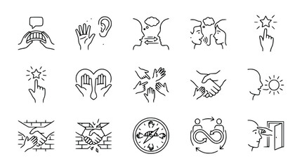 Fototapeta premium Communication, teamwork, and success icons: speech, hearing, ideas, handshake, goal, support, strategy