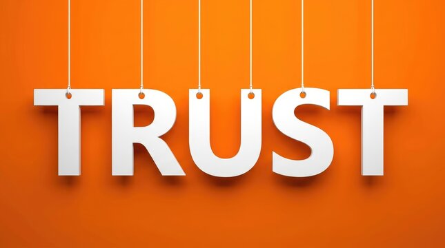 White three dimensional letters spelling trust hanging from thin strings against a vibrant orange background wall