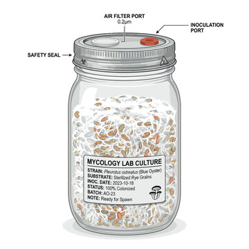 Mycology lab culture jar filled with colonized rye grain, featuring an inoculation port, air filter port, and safety seal