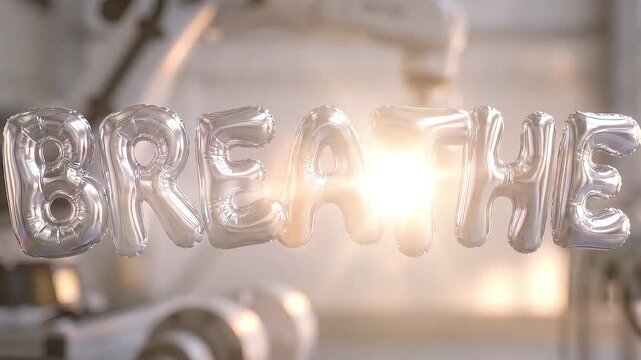 Silver foil balloon spelling breathe floating in factory, industrial motion graphics footage