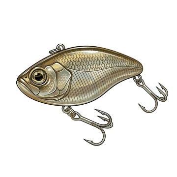 A detailed illustration of a fishing lure designed to mimic a baitfish. It features realistic scales, a prominent eye, and two treble hooks for optimal fish capture