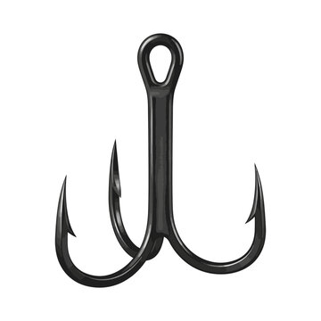 A black triple fishing hook, also known as a treble hook, designed for catching fish