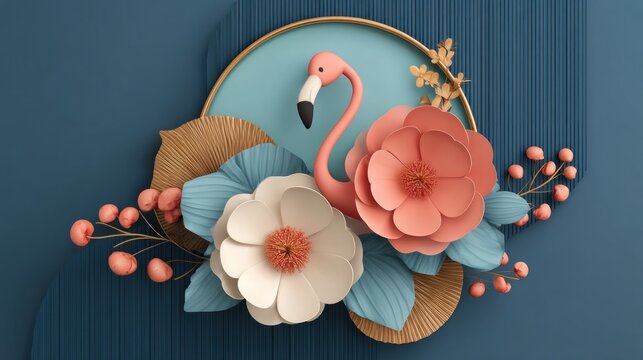 Stylized paper-cut tropical arrangement featuring a flamingo bird centered within a circular frame