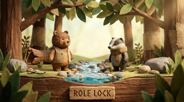 Bear and badger figurines in miniature forest scene.